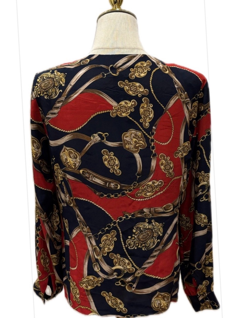 Stephanie Andrews Vintage 100% Silk Red/Black/Gold Button Up Blouse S - Picture 2 of 7
